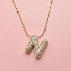 Kişiye Özel N Harfli Kolye Kadın Zirkon Taşlı Sarı Takı Hediyelik Aksesuar