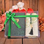 Asetat Kutulu Kadife Kuranı Kerim İnci Tesbihli Simli Goblen Seccadeli Yeşil Renk