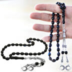 Kararmaz Metal Ayyıldız Püsküllü Arpa Kesim Mavi-Siyah Sıkma Kehribar Tesbih