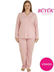 Kadın Büyük Beden Viskon Önden Düğmeli Gömlek Yaka Göğüs Cepli Uzun Kol Mevsimlik Pijama Takımı