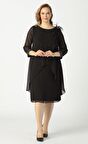 21958 Siyah Pelerinli Tüylü İşlemeli Büyük Beden Şifon Kısa Elbise