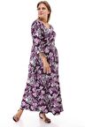 Lila Çiçekli Siyah Büyük Beden Elbise 21E-1251