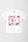 %100 Pamuklu Kısa Kollu Türk Bayrağı Baskılı Kız ve Erkek Unisex Çocuk Tshirt Beyaz