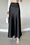 Kadın Siyah Floş Viskon Saten Kemeri Lastikli Fermuarlı Maxi Boy A Line Etek