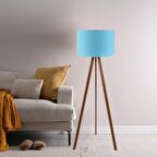 Pratik Ahşap Üç Ayaklı Lambader Mavi Turkuaz Silindir Başlık Köşe Lambası