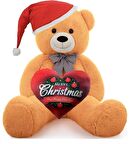  Yeni Yıla Özel : Elinde Baskılı Kalbi Ve Noel Şapkalı 90 cm Papyonlu Peluş Ayıcık - Yeni Yıl Temalı 