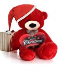  Yeni Yıla Özel : Elinde Baskılı Kalbi Ve Noel Şapkalı 90 cm Papyonlu Peluş Ayıcık - Yeni Yıl Temalı 