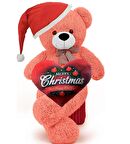  Yeni Yıla Özel : Elinde Baskılı Kalbi Ve Noel Şapkalı 90 cm Papyonlu Peluş Ayıcık - Yeni Yıl Temalı 