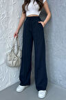 Kadın Mevsimlik Salaş Geniş Paça Yüksek Bel Lacivert Eşofman Altı