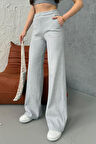 Kadın Gri Yüksek Bel Bol Paça Kaşkorse Fitilli Cepli Pantolon Eşofman Altı