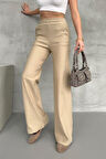 Kadın Bej Yüksek Bel Bol Paça Kaşkorse Fitilli Cepli Pantolon Eşofman Altı