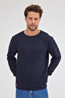 Erkek Lacivert Standart Fit Normal Kesim Pamuklu Basic Bisiklet Yaka Sweatshirt