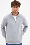 Erkek Gri Standart Fit Normal Kesim Pamuklu Yarım Fermuarlı Dik Yaka Pamuklu Sweatshirt