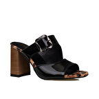 Trend Adımlar Siyah Leoparlı Rugan Kemerli Kadın Topuklu Terlik