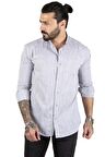 DeepSEA Erkek Gri Çizgili Likralı Hakim Yaka Ham Keten Uzun Kollu Gömlek 2201895