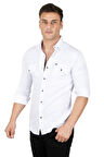 DeepSEA Erkek Beyaz Likralı İnce Fitilli Çıtçıtlı Çift Cepli Kot Gömlek 2300421