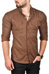 DeepSEA Erkek Koyu Kahve Çıt Çıt Düğmeli Çift Cepli Örme Kumaş Gömlek 2300415