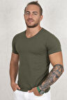 Erkek Haki V Yaka Düz Tişört