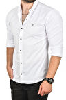 DeepSEA Erkek Beyaz Slim Fit Çıtçıtlı Spor Gömlek Dar Kesim Pamuklu Gabardin Gömlek 2300413