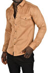 DeepSEA Erkek Camel Kırışmayan Süet Kumaş ÇıtÇıtlı Cepli Slim Fit Mevsimlik Gömlek 2302329