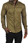 DeepSEA Erkek Haki Likralı Çıtçıtlı Kırışmayan Süet Kumaş Slim Fit Cepsiz Mevsimlik Gömlek 2500556