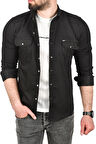 DeepSEA Erkek Siyah Slim Fit Kolay Ütülenebilir Pamuklu Spor Gömlek Likralı Kot Gömlek 2502505