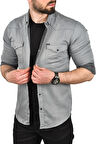 DeepSEA Erkek Gri Slim Fit Pamuklu Cepli Kot Gömlek Çıtçıtlı Uzun Kollu Spor Gömlek 2502503