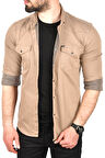 DeepSEA Erkek Bej Slim Fit Pamuklu Cepli Kot Gömlek Çıtçıtlı Uzun Kollu Spor Gömlek 2502503