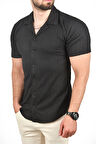 DeepSEA Erkek Siyah Slim Fit Pamuklu Apaş Yaka Kısa Kol Penye  Gömlek Dokulu Jakar Kumaş Dar Kesim Spor Gömlek 2501216
