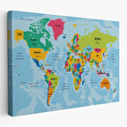 Harita Sepeti Türkçe Dünya Haritası Ülke Başkentli ve Okyanuslu Dekoratif Kanvas Tablo 2244