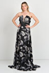 Maxra Govana Kadın Straplez Şifon Desenli Maxi Abiye Elbise 7099 Siyah