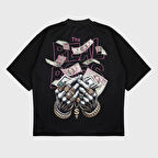 Oversize 'Cash Money' Baskılı Bisiklet Yaka T-Shırt