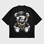 Oversize 'Gang Bear' Baskılı Bisiklet Yaka T-Shırt