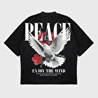 Oversize 'Peace' Baskılı Bisiklet Yaka T-Shırt
