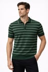 Erkek Triko Polo Yaka Fermuarlı Çizgili Tişört T-Shirt Yazlık Şık - Yeşil