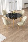 Osle Serisi 90x90 Yuvarlak Siyah Mermer Desen Mutfak Masa Takımı 4 Sandalye Gold Detay