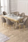 Pem Serisi 90x160 Lak Panel Beyaz Mermer Desen Gold Ayak Masa Takımı 6 Cappucino Sandalye