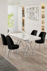 Vals Serisi 80x130 Lak Panel Beyaz Mermer Desen Masa Takımı Krom Ayaklı 4 Siyah Sandalye