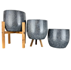Ev Dekorasyon Aksesuar Gri Granit Toprak Saksı Saksılık Salon Çiçeklik Üçlü Set- 19 CM