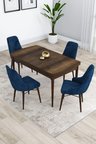Kar Serisi Barok Ahşap Desen 80x132 Açılabilir Mdf Mutfak Masası Takımı 4 Lacivert Sandalye