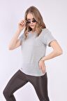 neslice Kadın Basic Yaka Kısa Kol T-shirt M-GRİ