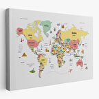 Harita Sepeti Dünya Haritası Dekoratif Kanvas Tablo Ülke ve Başkentli Öğretici ve Sembollü 2313