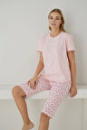 Pijamoni Kadın Süprem Kumaş Kısa Kollu Kapri Pembe Pijama Takımı – 2553
