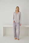 Pijamoni Kadın Ring Viskon Kumaş Dantelli Yaka Detaylı Lila Pijama Takımı