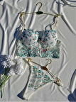 Arona Kadın Destekli Büstiyer Takımı Beyaz Üzeri Yeşil Çiçek Desenli