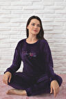 Pijamoni Kadın Yumuşak Kadife Bisiklet Yaka Mor Pijama Takımı