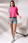 Dik Yaka Pamuklu T-shirt 19588 AÇIK FUŞYA