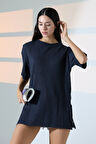 Oversize Yırtmaçlı Raporlu Tunik T-shirt 21493 İNDİGO