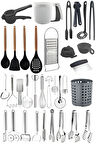 34 Parça Mutfak Servis Seti; Bambu Silikon Kepçe Seti, Maşa Seti, Kaşıklık, Rende, Çırpıcı, Soyacak
