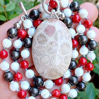 2344 Fosil Mercan Pirit Sedef el yapımı kolye